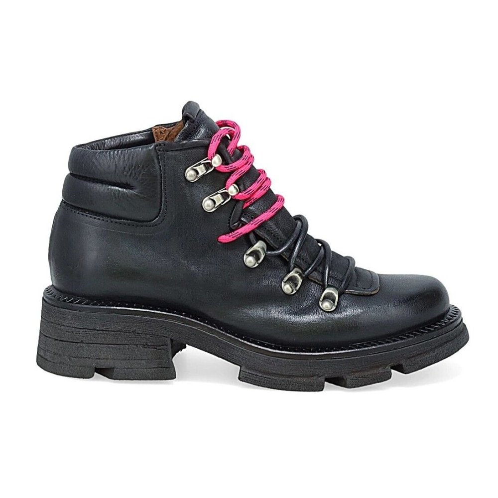 AS.98 Black Leather Lagan Lace-Up Ankle Boot with Pink Laces